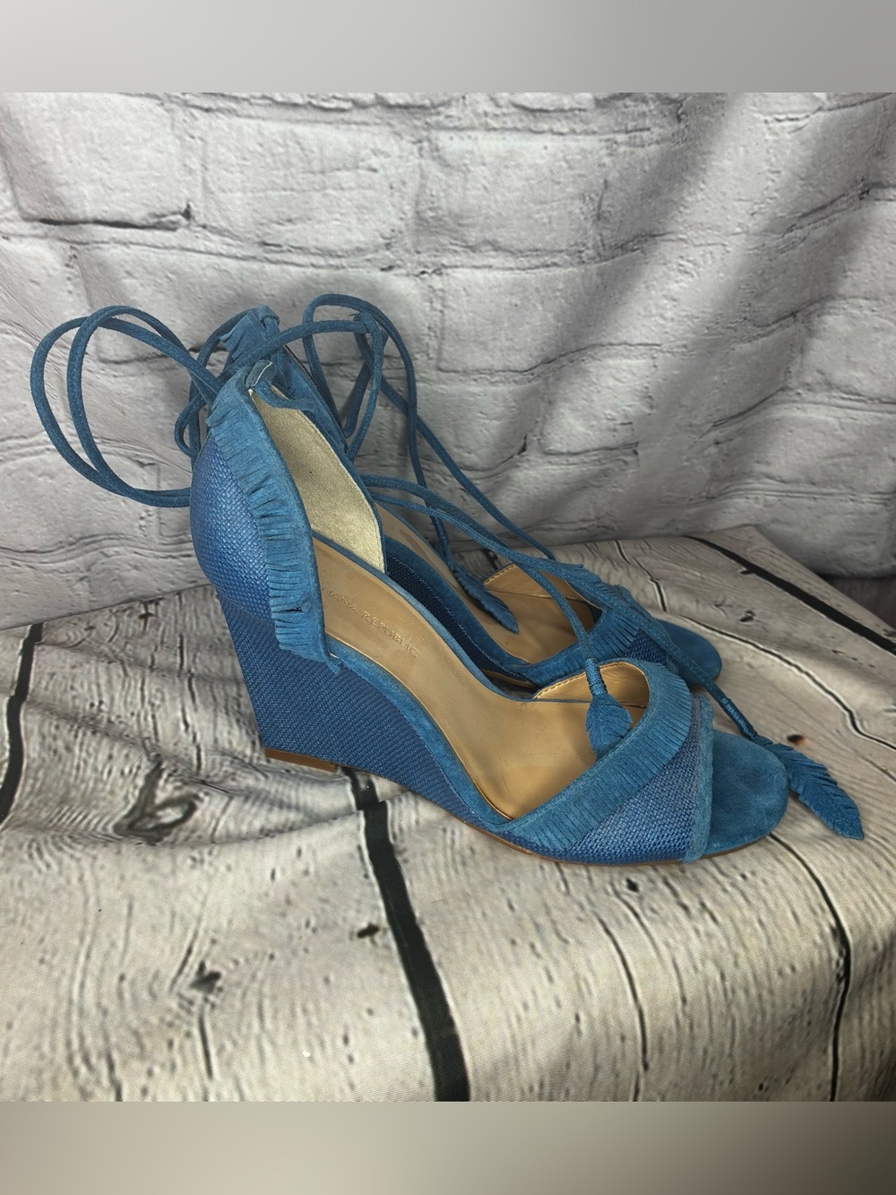 Coastal Boho Fringe Eclectic Southwestern Blue Stiletto Ankle Wrap Wedges Sz 8.5